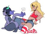 2boys anal balls black_pupils blonde_hair blush cum cum_in_ass dark-skinned_male doggy_position erect_penis erection feet hand_on_ass horns looking_at_partner mostly_nude penis penis_in_ass purple_skin stockings sweat tail thighs white_background yaoi 