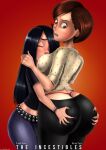  1girl 2_girls age_difference ass ass_grab back_view belt big_breasts black_hair black_nails bracelet breasts brown_eyes brown_hair bubble_butt butt_crack character_name closed_eyes clothed cover cowboy_shot dat_ass disney duo english_text female_only freckles gradient_background groping hair_over_one_eye head_between_breasts helen_parr huge_ass human incest jeans larger_female long_hair looking_back mother_&amp;_daughter nail_polish older_female open_mouth pixar red_background shadman short_hair sideboob size_difference smaller_female t-shirt text the_incredibles thick_thighs thong url very_long_hair violet_parr watermark whale_tail wide_hips younger_female yuri 