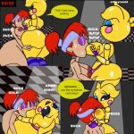  2_girls animatronic breast_press breast_sucking breasts closed_eyes comic crossover dexter&#039;s_laboratory dexter&#039;s_mom dialogue fat_ass five_nights_at_freddy&#039;s five_nights_at_freddy&#039;s_2 hand_on_ass huge_breasts legs_up looking_down nude_female pyramid_(artist) touching_body toy_chica toy_chica_(eroticphobia) turn_around younger_female yuri 