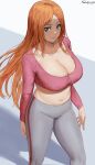  1girl 2021 arms_by_side artist_signature belly_button bleach blush breasts cleavage_cutout clothed erect_nipples erect_nipples_under_clothes female_focus female_only grey_eyes grin high_res hips huge_breasts inoue_orihime long_hair long_sleeves midriff nipples orange_hair pink_topwear shexyo simple_background smile standing thick_thighs thighs tight_clothing tight_fit white_background white_yoga_pants wide_hips yoga_pants 