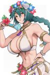 1girl alluring alternate_costume armband athletic_female bangs bare_arms bare_shoulders bead_bracelet beads big_breasts bikini blue_flower bracelet breasts cleavage female_abs female_only fire_emblem fire_emblem_heroes fit_female flower folding_fan gonzarez hair_between_eyes hair_flower hair_ornament hand_fan hand_on_hip high_res holding holding_fan huge_breasts jewelry long_braid long_hair looking_at_viewer navel nintendo official_alternate_costume parted_lips pink_flower sarong seashell shell shell_hair_ornament simple_background solo_female stomach swimsuit teal_hair thorr_(fire_emblem) thorr_(summer)_(fire_emblem) upper_body white_background white_bikini white_swimsuit yellow_eyes