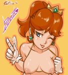  1girl 2015 blue_eyes blush breasts brown_hair crown cute earrings exposed_breasts finger_wag gloves jewelry nintendo nipples one_eye_closed ponytail princess_daisy revtilian smile solo super_mario_bros. topless wink 