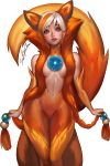  1girl animal_ears blue_eyes braid curvy fire firefox fox_ears fox_tail fur hair_censor looking_at_viewer mozilla_firefox multicolored_hair navel orange_(color) orange_hair personification sakimichan signature small_breasts solo tail twin_braids white_background white_hair wide_hips 
