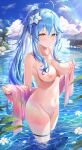 1girl ahoge bangs blue_hair blush breasts clavicle cleavage cowboy_shot elf eyebrows_visible_through_hair fanart fanart_from_pixiv flower garter groin hair_flower hair_ornament heart_ahoge high_resolution holding_towel hololive long_hair looking_at_viewer navel nipples nude nude_filter ocean outside partially_submerged petals ponytail pussy rin_yuu sidelocks stomach thigh_strap thighs third-party_edit tied_hair towel virtual_youtuber wading wet yellow_eyes yukihana_lamy