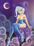  1girl breasts cleavage corset crescent_moon don_ko friendship_is_magic hat humanized my_little_pony night nipples platform_heels smile sorcerer_hat stockings topless trixie white_hair 