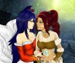  2girls ahri animal_ears arm arms art bare_shoulders blue_hair breasts brown_hair cleavage dark_skin detached_sleeves eye_contact facial_mark forehead_jewel fox_ears fox_tail fur green_eyes hair half-closed_eyes high_res incipient_kiss interracial japanese_clothes kiaraanimex kiaraanimex_(artist) league_of_legends lips long_hair looking_at_another love midriff multiple_girls multiple_tails mutual_yuri necklace nidalee ponytail smile strapless tail upper_body yellow_eyes yuri 