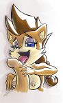  1girl blue_eyes breasts brown_fur brown_hair canine fellatio furry half-closed_eyes lick long_hair lupe lupe_wolf male mobian oral oral_sex penis penis_lick sega sex signature simple_background sonic_(series) tiquitoc wolf 