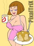  1girl ass big_ass big_breasts breasts clothes coffee danny_phantom drink erect_nipples food happy hips lips looking_at_viewer madeline_fenton milf nipples nude pancakes pixaltrix slut whore wide_hips 
