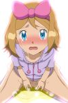  10s 1girl 1girl aki_(yunkana) blackjoe01 blonde_hair blue_eyes blush bottomless bow collarbone creatures_(company) crying female_focus game_freak hair_bow high_res looking_at_viewer looking_up nintendo no_panties open_mouth peeing pink_bow pokemon pokemon_(anime) pokemon_(game) pokemon_xy pokemon_xy_(anime) sad satoshi_(pokemon) serena_(pokemon) short_sleeves sitting sparkle steam tears wariza 