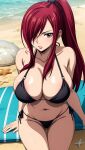  1girl ai_generated beach big_breasts bikini breasts erza_scarlet fairy_tail looking_at_viewer navel stable_diffusion 