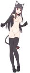  1girl animal_ears bell bell_collar black_hair breasts cat_ears cat_tail collar elbow_gloves gloves groin knees_together_feet_apart long_hair namisi nekomimi nipples nude outstretched_hand red_eyes sidelocks simple_background solo stockings tail thighhighs 