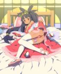 1girl ass bed blue_hair condom female_only iris_(pokemon) long_hair looking_at_viewer nipples pokemon pussy red_eyes small_breasts smile sokonasu_(tenako) solo_female