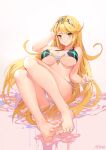 1girl alluring atdan barefoot big_breasts bikini blonde_hair breasts cleavage feet full_body high_res long_hair looking_at_viewer mythra mythra_(xenoblade) nintendo smile soles swimsuit tiara toes very_long_hair voluptuous xenoblade_(series) xenoblade_chronicles_2 yellow_eyes