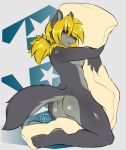 1girl 1girl 2016 anthro ass avante92 blonde_hair blue_eyes blush body_pillow canine furry hair hairband high_res hugging kneel lafille mammal nude pillow pussy wolf 