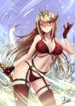 1girl absurd_res alluring alternate_costume arm_up bikini blonde_hair blurry blurry_background breasts cape christmas christmas_tree cleavage earrings female_focus female_only gem hat high_res jewelry long_hair looking_at_viewer mebi_(mebieru) mebi_il mythra mythra_(xenoblade) navel night nintendo one_eye_closed panties pose smile solo_female swimsuit teeth thighs tree underwear very_long_hair voluptuous xenoblade_(series) xenoblade_chronicles_2 yellow_eyes