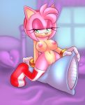  1girl amy_rose animal_ears bed belly big_breasts breasts furry gloves green_eyes hair looking_at_viewer midriff navel nipples pillow pink_hair pussy short_hair sif sif_(artist) smile socks sonic_(series) tail 