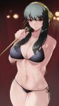  1girl 1girl 1girl absurd_res alluring assassin big_breasts bikini black_hair breasts female_only high_res kataku_musou looking_at_viewer red_eyes spy_x_family stiletto_(weapon) swimsuit thighs thorn_princess wide_hips yor_briar 