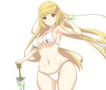 1girl alluring bangs bare_shoulders big_breasts bikini blonde_hair blush breasts cleavage cowboy_shot dolling60883582 earrings eyebrows_visible_through_hair high_res hip_focus holding holding_umbrella jewelry long_hair looking_at_viewer mythra mythra_(xenoblade) navel nintendo simple_background skindentation smile sparkle stomach swept_bangs swimsuit sword umbrella under_boob very_long_hair voluptuous weapon white_background white_bikini wide_hips xenoblade_(series) xenoblade_chronicles_2 yellow_eyes