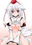  1girl animal_ears bare_shoulders blush bottomless breasts colored_eyelashes detached_sleeves gradient gradient_background hat inubashiri_momiji katahaneko looking_at_viewer navel nipples red_eyes short_hair silver_hair smile solo sweat tail tokin_hat touhou v_arms wolf_ears wolf_tail 