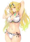 1girl alluring arms_up bangs big_breasts bikini blonde_hair blush bra breasts cleavage commentary_request cowboy_shot eyebrows_visible_through_hair gem hair_lift head_tilt headpiece high_res long_hair looking_at_viewer mythra mythra_(xenoblade) nagayori nintendo panties pink_lips ribbed_bra ribbed_panties shiny shiny_skin side-tie_panties simple_background standing stomach swept_bangs swimsuit thighs tiara underwear voluptuous white_background white_bra white_panties xenoblade_(series) xenoblade_chronicles_2 yellow_eyes