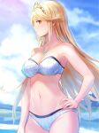 1girl absurd_res alluring anbe_yoshirou beach big_breasts bikini blonde_hair blurry breasts cleavage cloud female_focus gem hair_ornament hand_on_hip headpiece high_res jewelry long_hair looking_at_viewer matching_hair/eyes mythra mythra_(xenoblade) navel nintendo ocean pose sky standing staring strapless strapless_bikini swimsuit thighs tiara tsundere under_boob very_long_hair voluptuous white_bikini xenoblade_(series) xenoblade_chronicles_2 yellow_eyes