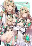 1girl alluring artist_name bangs blonde_hair blush breasts cleavage cleavage_cutout closed_mouth clothing_cutout commentary_request copyright_name crossed_arms earrings eyebrows_visible_through_hair gloves high_res jewelry legs long_hair looking_to_the_side medium_breasts mythra mythra_(xenoblade) nintendo nose_blush pen_(steelleets) swept_bangs thigh_strap tiara voluptuous wavy_mouth white_gloves xenoblade_(series) xenoblade_chronicles_2 yellow_eyes