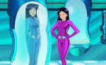 2_girls 2girls art black_hair blue_suit bodysuit britney_(totally_spies) capsule clenched_teeth female_only fitzoblong_(artist) hair hands_on_hips long_hair looking_at_another mandy_(totally_spies) mandy_luxe multiple_girls naughty_face purple_bodysuit purple_eyes smile standing teeth totally_spies