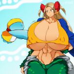 1boy 1girl abs alien annoyed annoyed_expression big_breasts blonde_hair blue_background blue_eyes breasts erect_nipples female_focus fit_female floating hand_on_hip hataraki_ari jiggling_breasts looking_at_another muscular_female navel nipples nipples_visible_through_clothing patient thick_thighs thighs touching_breasts