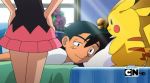  anime ash_ketchum bed bedroom clothed dawn dawn_(pokemon) eyebrows female hikari_(pokemon) human indoors lying male pikachu pokemon pokemon_dppt satoshi_(pokemon) screenshot skirt standing thumbnail_image 