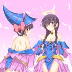  2girls art ayukawa_tenri babe back bare_back bare_shoulders big_breasts black_hair blush bow braid breasts choker cleavage cosplay crossover dark_magician_girl dark_magician_girl_(cosplay) diana_(kaminomi) dress dual_persona duel_monster feathers fingerless_gloves gloves goddess gradient gradient_background hair hair_rings halo halo_(object) hat headgear high_res kami_nomi_zo_shiru_sekai long_hair looking_at_viewer looking_back magician multiple_girls neck necklace off_shoulder parted_lips pentacle pentagram pink_background purple_eyes purple_hair short_hair sideboob strapless strapless_dress twin_braids undressing yu-gi-oh! yuto_(dialique) yuu-gi-ou_duel_monsters 