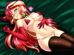  1_girl 1girl bikini breasts christmas_hat danmakuman earrings equestria_girls female female_only friendship_is_magic gloves long_gloves long_hair looking_at_viewer micro_bikini mostly_nude my_little_pony red_gloves solo star_earrings stockings sunset_shimmer sunset_shimmer_(eg) two-tone_hair 