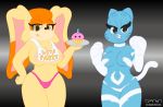  2015 anthro biting_lip breasts cat clothed clothing cosplay cupcake darkstalkers digital_media_(artwork) felicia_(darkstalkers) feline five_nights_at_freddy&#039;s five_nights_at_freddy&#039;s_2 flat_colors food furry grey_background half-dressed lagomorph licking licking_lips looking_at_viewer mammal navel nicole_watterson panties pgm-m rabbit seductive sega simple_background the_amazing_world_of_gumball tongue tongue_out toy_chica_(fnaf) underwear vanilla_the_rabbit video_games 