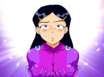  1_girl 1girl babe big_breasts black_hair blush bodysuit breast_grab breasts derluca98 hairclip large_breasts long_hair looking_at_viewer mandy_(totally_spies) mandy_luxe mole parted_lips purple_bodysuit purple_eyes totally_spies upper_body 