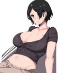  1girl :o anime big_breasts black_hair blue_eyes breasts cleavage cum cum_in_mouth cum_on_body cum_on_breasts cum_on_upper_body earrings ecchi female hair_over_one_eye highres jewelry large_breasts looking_at_viewer midriff moisture_(chichi) mound_of_venus navel okitsu_yuka parted_lips photoshop shirobako short_hair simple_background solo white_background 