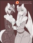  1girl 2015 anthro areola avante92 breasts cleavage clothed clothing duo equine fan_character furry mammal monochrome my_little_pony nipples overalls pearl_flywright_(oc) pegasus pyrite_(oc) sepia wings zebra 