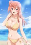  1girl 1girl :d alluring arm_at_side arms_up beach big_breasts bikini blue_sky blush breasts cleavage cloud collarbone commentary_request dars_(recolors) day hair_between_eyes hair_bun halterneck hand_up high_res horizon long_hair looking_at_viewer navel o-ring o-ring_top ocean open_mouth outside pink_eyes pink_hair scrunchie side-tie_bikini_bottom single_hair_bun sky smile standing stomach sunlight swimsuit teeth upper_teeth_only wrist_scrunchie yahari_ore_no_seishun_lovecome_wa_machigatteiru. yellow_bikini yuigahama_yui 