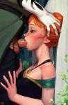 1boy 1girl anna_(frozen) artist_name blush breasts fellatio frozen_(movie) hairy_testicles hand_on_another&#039;s_head hand_on_head heart horny incase open_mouth oral orange_hair penis pleasure pubic_hair red_hair source_request testicles 