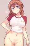  1girl anime big_breasts blue_eyes blush bottomless breasts censored charlotte_e_yeager em female hand_on_hip large_breasts long_hair looking_at_viewer mega_milk navel no_panties nopan orange_hair pubic_hair pussy raglan_sleeves shirt smile solo strike_witches taut_clothes taut_shirt 