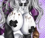  1girl anthro body_writing breasts canine chest_tuft clothed clothing collar fur furry grey_hair hair heart mammal myett-wrath nipples open_shirt shirt simple_background tuft white_fur wolf 