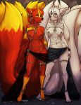 1girl anklet anthro breasts canine clothed clothing ear_piercing fox furry half-dressed jewelry kaylii krinele lactating mammal molly_fullin multiple_tails necklace original piercing sibling sisters standing tongue tongue_out topless translucent transparent_clothing