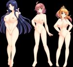  3_girls ahoge aqua_eyes arm arms art artist_request babe bare_arms bare_legs bare_shoulders barefoot big_breasts black_hair blue_eyes blush breasts brown_eyes cleavage collarbone copyright_request covering covering_crotch covering_pussy feet full_body game_cg hair_between_eyes hair_ornament hairclip hand_on_hip head_tilt high_res legs long_hair mound_of_venus multiple_girls navel neck nipples no_pussy nude orange_hair ponytail red_hair short_hair sidelocks simple_background smile standing white_background 