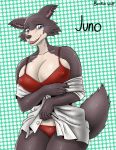 1girl 2020 anthro beastars big_breasts bra breasts brown_body brown_fur bustuhwolf canid canine canis cleavage clothed clothing countershade_face countershade_torso countershading digital_media_(artwork) fur furry high_res juno_(beastars) looking_at_viewer mammal nipple_outline open_mouth panties red_bra red_clothing red_panties red_underwear shirt shirt_down smile teeth topwear underwear undressing white_clothing white_shirt white_topwear wolf