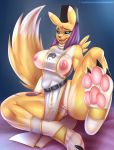  1girl 1girl 2015 3_toes anthro anus areola barefoot big_breasts black_sclera blue_eyes breasts claws clothed clothing digimon doomthewolf foot_focus fur furry hat hindpaw looking_at_viewer nipples open_mouth pawpads paws presenting_feet pussy taomon toe_claws toes yellow_fur 