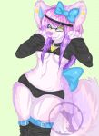  1girl anthro belly boots breasts canine clothed clothing collar eyewear footwear fur furry glasses green_background hair hair_bow kammymau looking_at_viewer mammal midriff navel panties polka_dot_background purple_hair simple_background underwear white_fur wide_hips 
