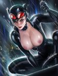  batman_(series) black_hair blue_eyes breasts catwoman dc dc_comics goggles looking_at_viewer nipples raining sakimichan selina_kyle 