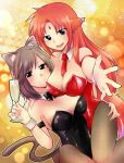  2_girls 2girls :d animal_ears arf arm armband arms art ass_grab babe bad_id bare_arms bare_shoulders big_breasts blue_eyes blush bowtie breasts brown_hair bunnysuit cat_ears cat_tail cleavage cup detached_collar dog_ears dog_tail drinking_glass facial_mark fang fishnet_pantyhose fishnets forehead_mark girl_on_top grey_hair hair hand_on_hip hand_on_shoulder high_res highleg_leotard hugging kittysuit leotard linith long_hair looking_at_viewer love lyrical_nanoha mahou_shoujo_lyrical_nanoha mahou_shoujo_lyrical_nanoha_a&#039;s multiple_girls mutual_yuri nagashiro_rouge neck_tie open_mouth orange_hair outstretched_hand pantyhose playboy_bunny_leotard short_hair sitting sitting_on_person smile strapless tail tmntlovemaou wine_glass wrist_cuffs yuri 