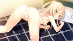  16:9_aspect_ratio 1girl all_fours ass bed blonde blonde_hair blush breasts censored chestnut_mouth green_eyes hair_ornament hair_ribbon innocent_bullet kneepits looking_back mosaic_censoring nipples nude on_bed oosaki_shin'ya oosaki_shinya pillow pussy ribbon solo sweat two_side_up yasouji_ai 