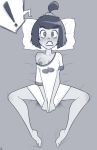  ! 1girl bed blush bottomless breasts cover_up covering_crotch danny_phantom embarrassing goth nipples roger_bacon samantha_manson shiny shiny_skin surprise 
