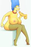  1boy 1girl ass big_penis blue_hair breasts cum cum_on_breasts cum_on_face cum_on_tongue cumshot female hair huge_breasts male male/female marge_simpson nipples nude open_mouth pbrown penis sitting the_simpsons thighhighs tights tongue yellow_skin 