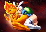 2_girls adventure_time animal_hat ass backpack barefoot blonde_hair blush breasts closed_eyes feet female_only fionna_the_human fire flame_princess nipples orange_hair palcomix pussy toes yuri yuri_haven